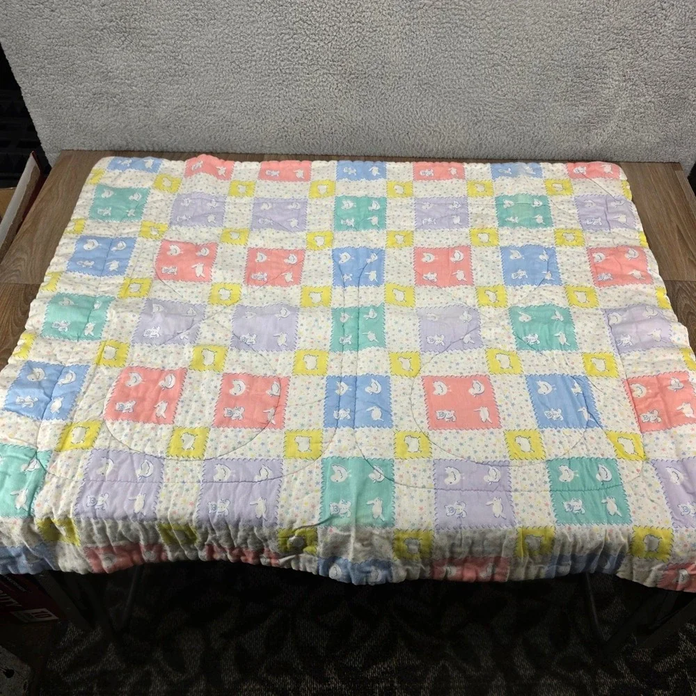 Vintage Pastel Baby Blanket Patchwork Bunny Bear Lamb Duck Nursery 33x40